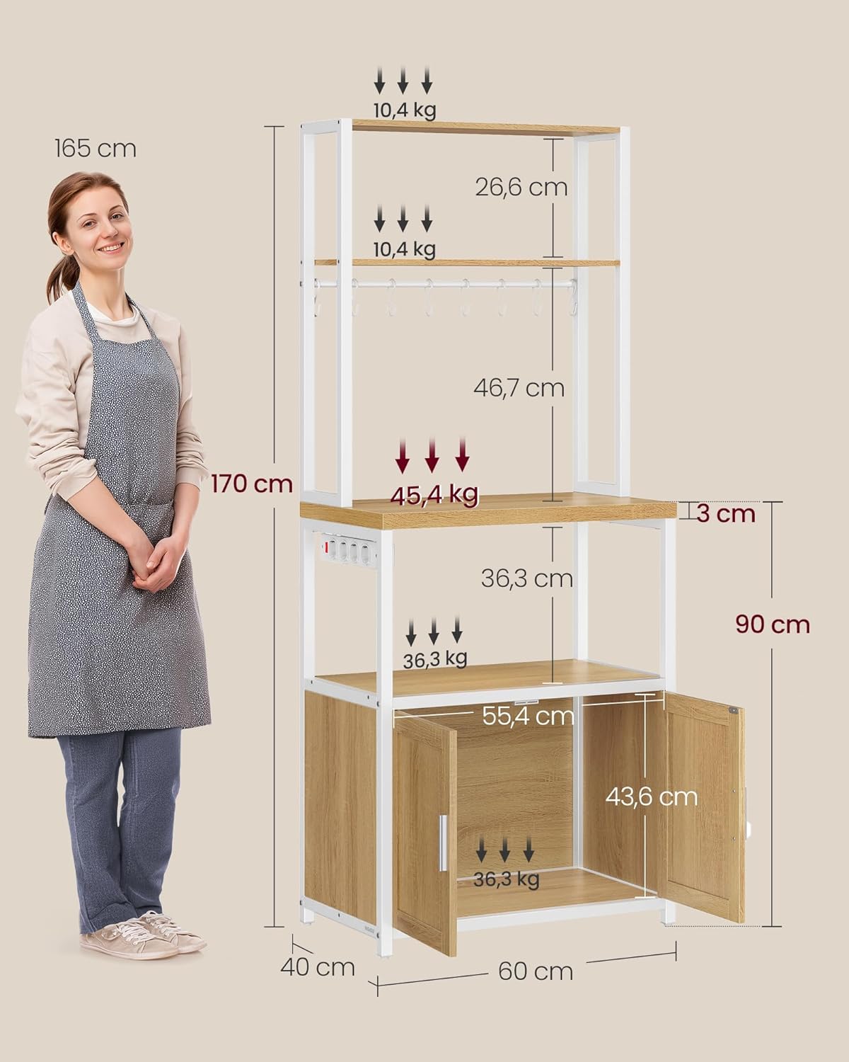 Thumbnail 6 de VASAGLE Scaffale Cucina con Prese, 40 x 60 x 170 cm, Rovere Dorato e Bianco Nuvola (KKS058Y02)