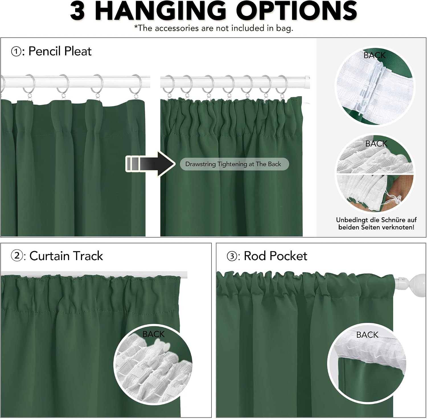 Detalle 2 de Deconovo Thermal Insulated Pencil Pleat Blackout Curtains (2 Panels) – Forest Green – 66 x 90 Inch