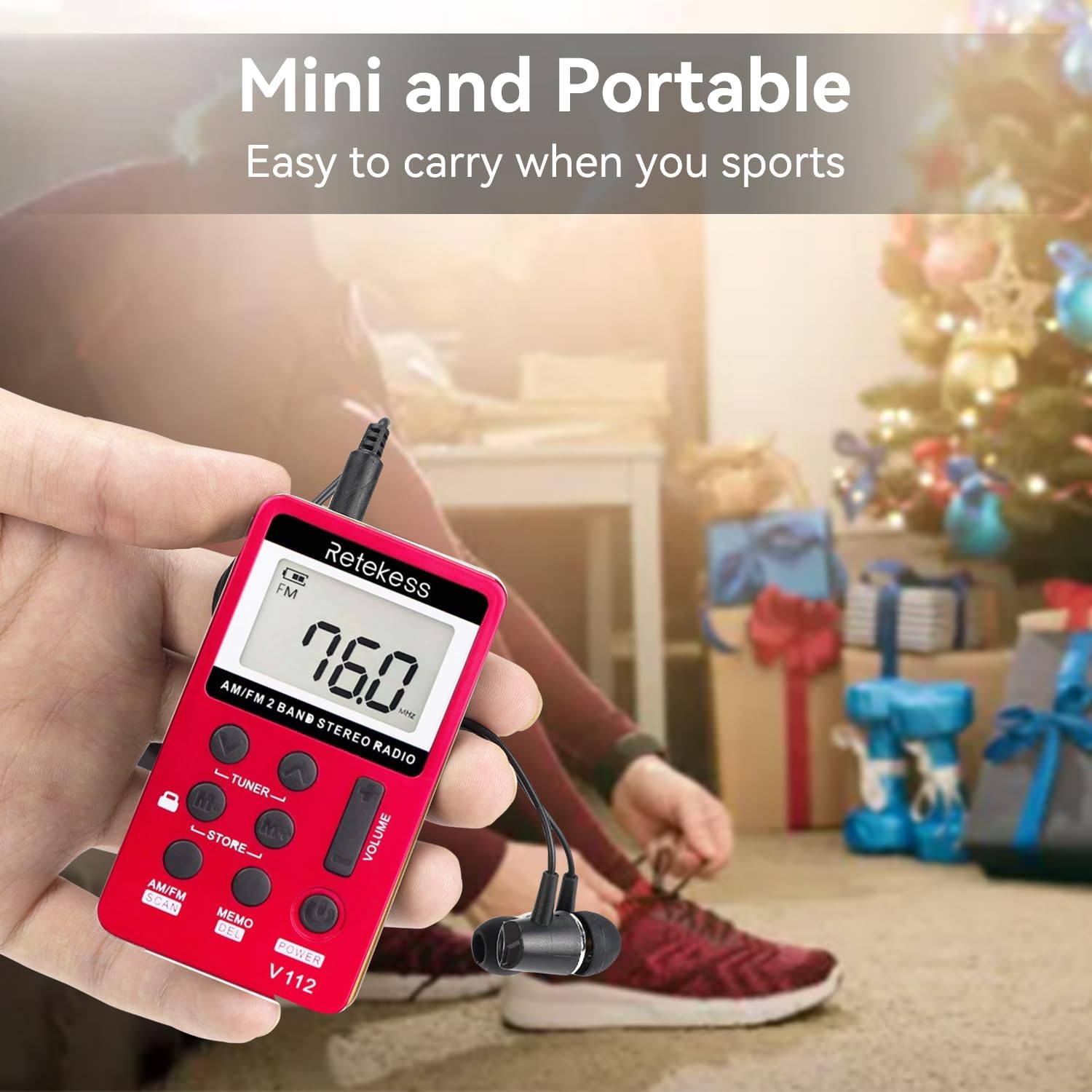 Detalle 2 de Retekess V112 Mini Radio Portatile AM/FM ricaricabile con cuffie stereo (Rosso) – per corsa, viaggi e uso quotidiano