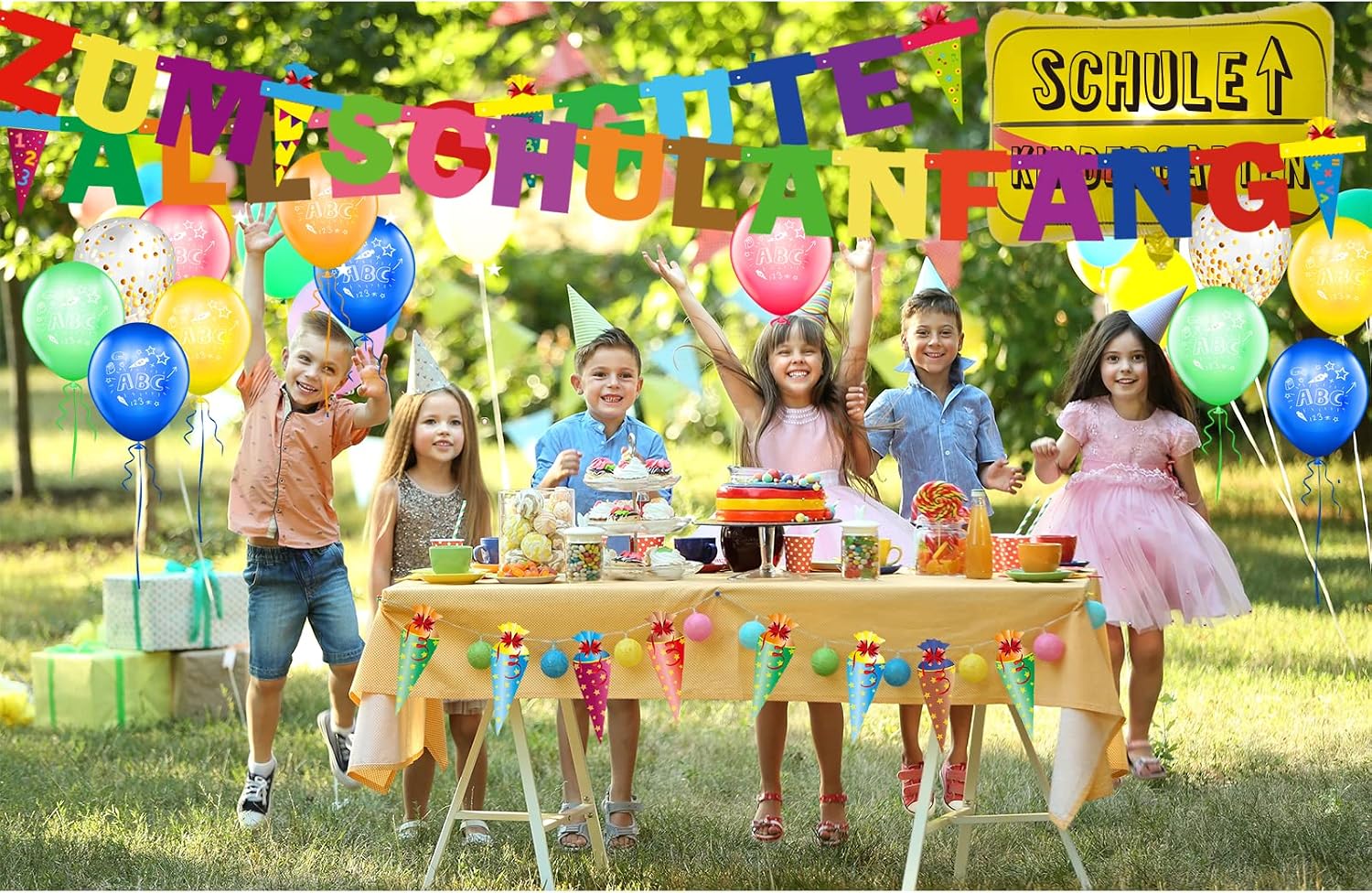 Detalle 2 de Einschulung Deko-Set: Alles Gute Zum Schulanfang mit Banner, Girlande und Ballons – inklusive ABC/123 Motiven