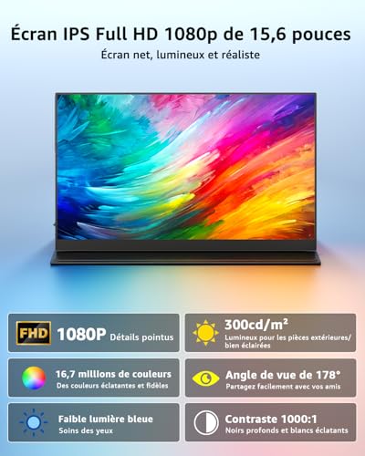 Thumbnail 3 de Yodoit Écran Portable 15,6" FHD IPS – Moniteur léger avec HDMI/USB-C et haut-parleurs intégrés