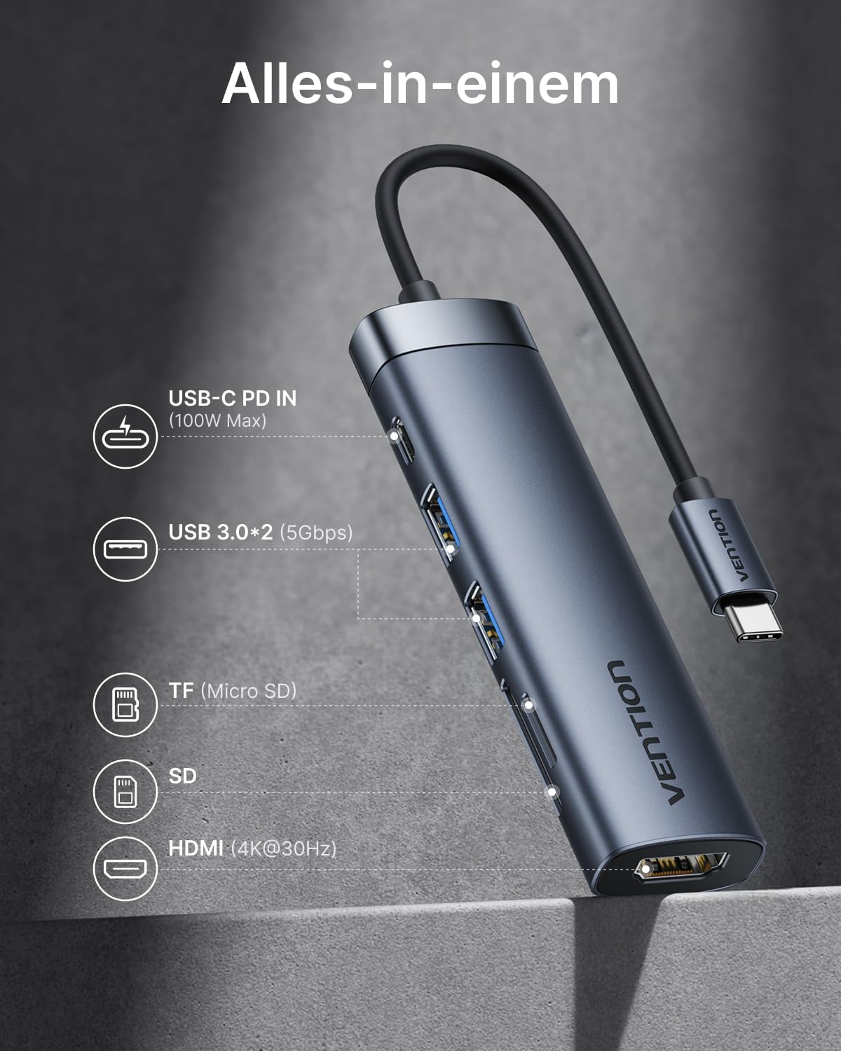Thumbnail 1 de Vention USB-C Hub mit PD 100 W und 4K HDMI (6-in-1) – 2× USB-A 3.0, Kartenleser SD/TF, Datenport