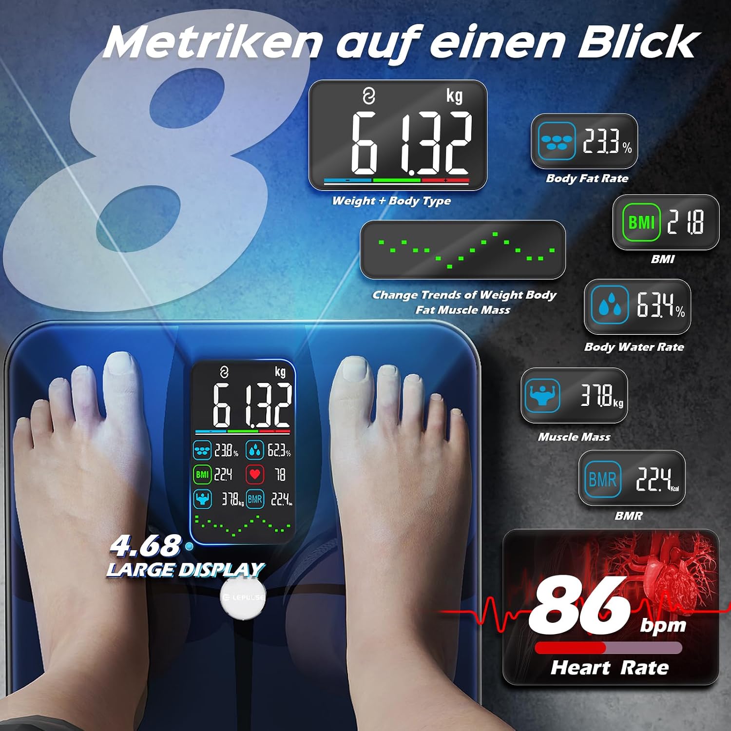 Detalle de LEPULSE Balance connectée Grand Écran — impédancemètre intelligent et analyse de 22 données corporelles