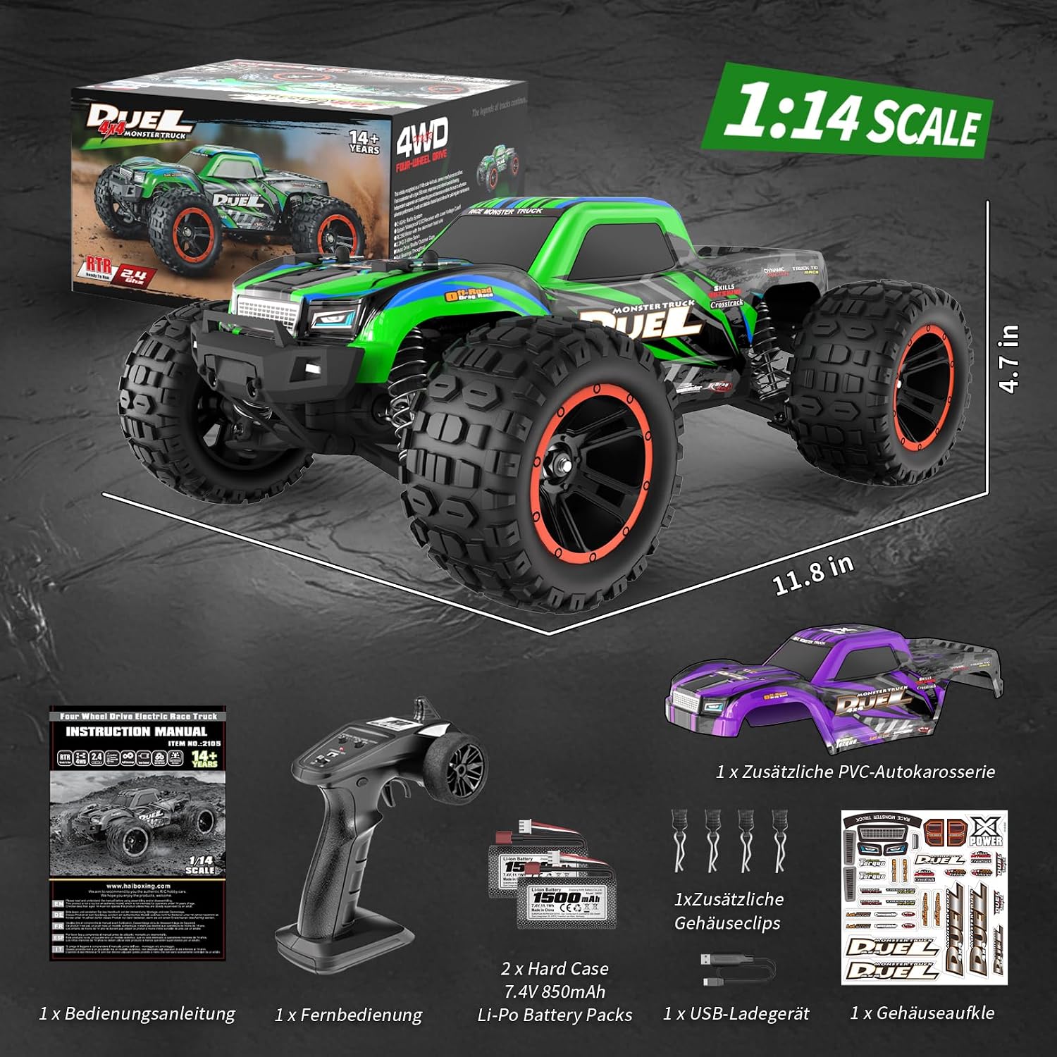 Detalle de HAIBOXING Ferngesteuertes Auto RC 1:14 4WD Hochgeschwindigkeits Monster Truck – All-Terrain, wasserdicht