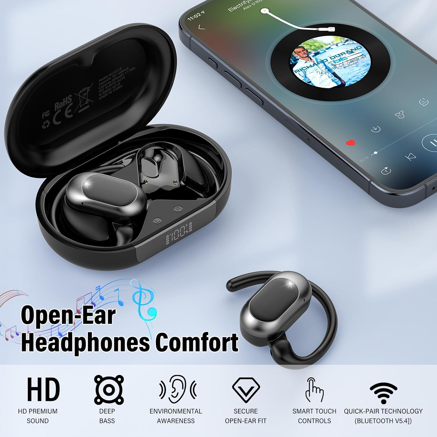 Detalle de Open Ear Headphones with Adjustable Hooks — Bone Conduction, IPX7, 36H Playtime for Sports