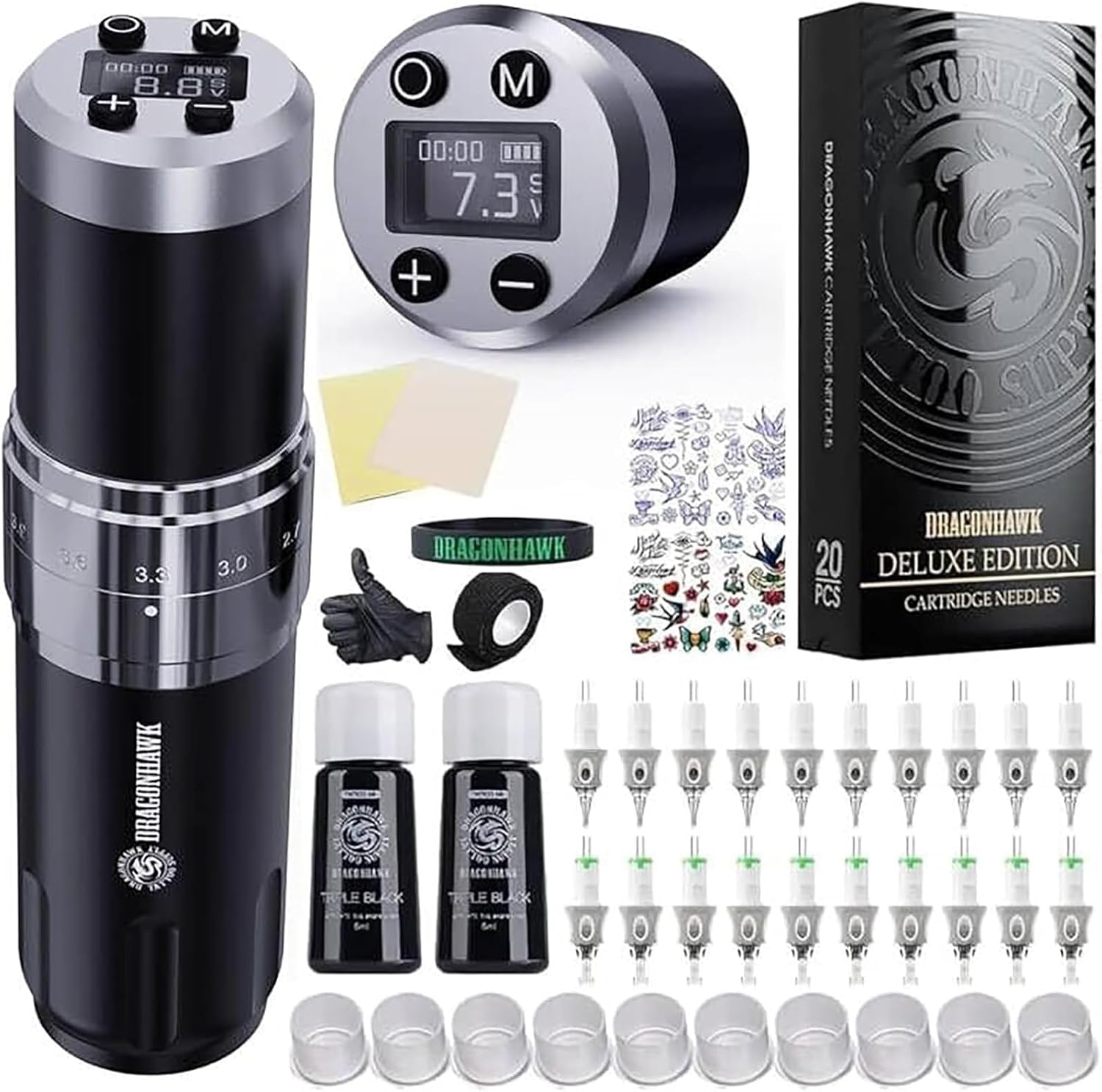 Dragonhawk Kit Macchinetta per Tatuaggi Penna Rotativa con 2 Batterie e 20 Aghi Glide – Per Principianti e Professionisti