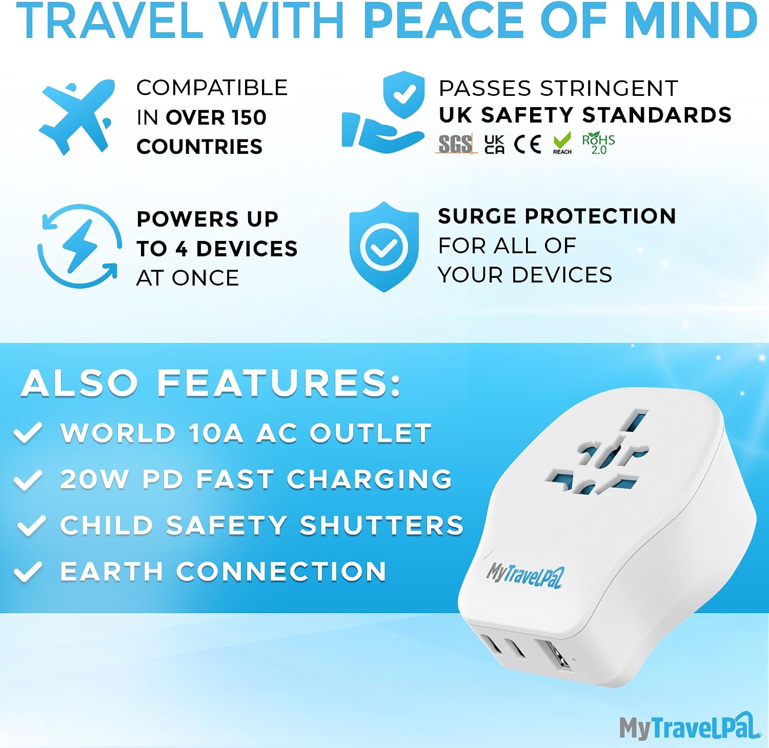 Thumbnail 2 de MyTravelPal Universal Travel Adapter with 20W PD USB-C (UK Safety Standard BS8546)