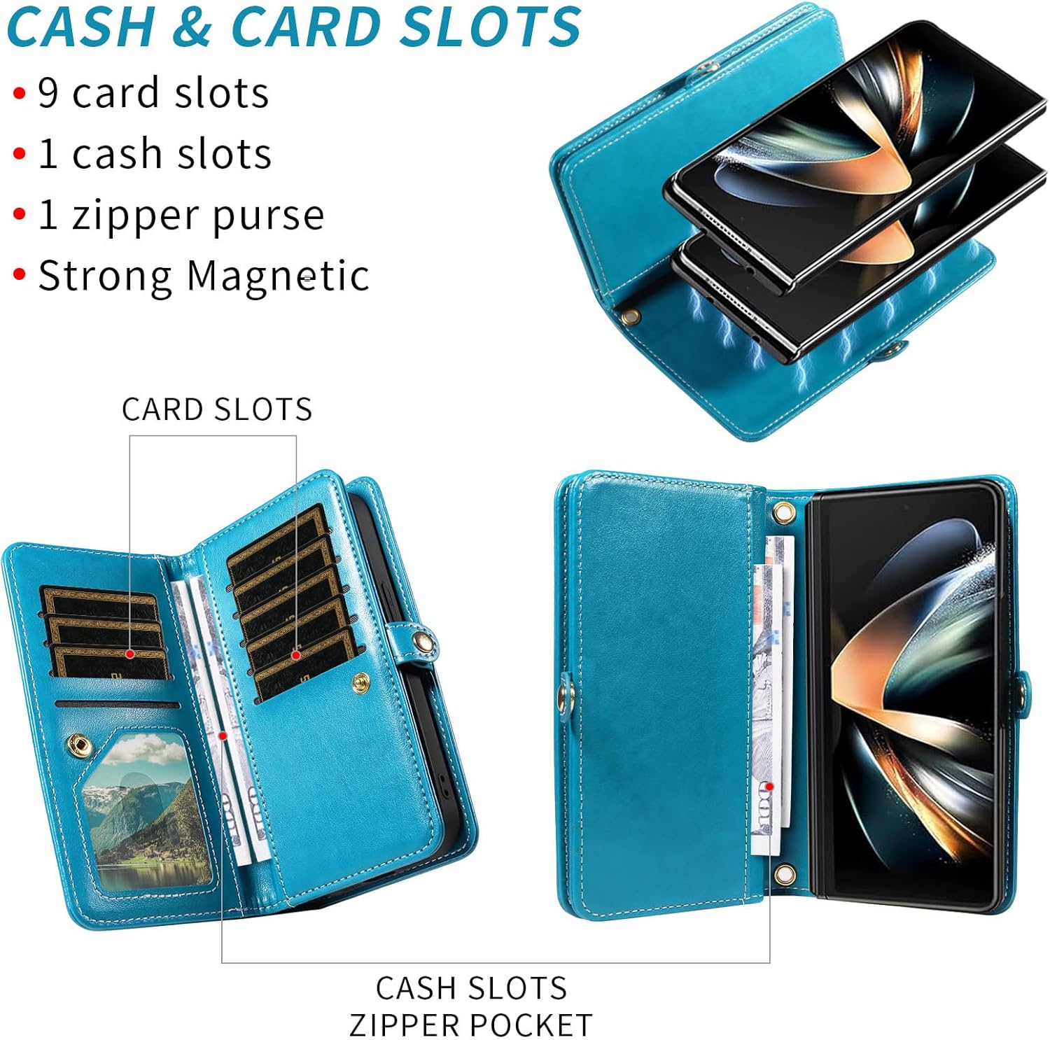 Thumbnail 1 de Asuwish Wallet Case with Detachable Straps for Samsung Galaxy Z Fold5 (Blue)