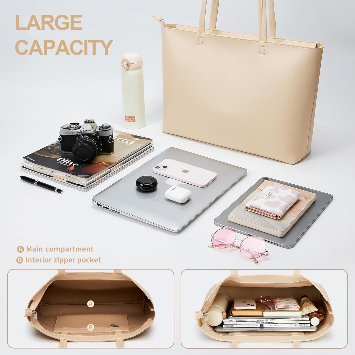 Detalle de KALIDI Tote Bag for Women: Large Shoulder Bag with Zipper, Waterproof PU