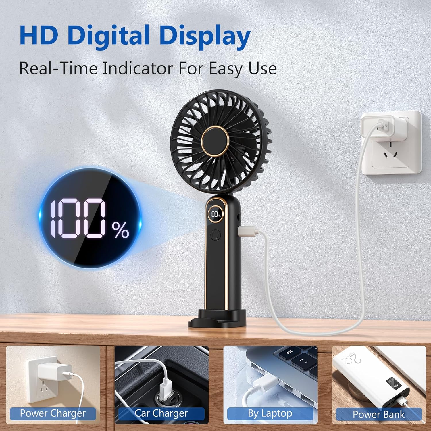 Detalle 2 de PALATALA Handheld Fan: Powerful 6-Speed Portable USB-C Fan with 4000mAh Battery and LED Display