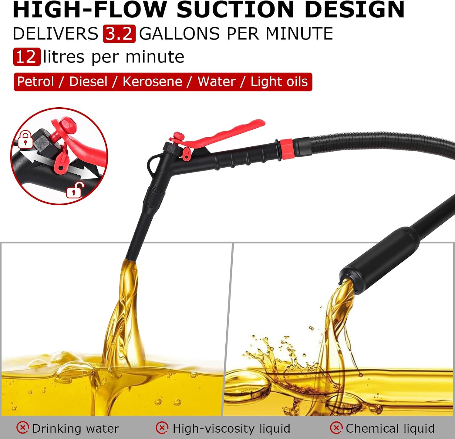 Detalle 2 de innhom 3.2GP Battery Powered Fuel Transfer Pump (12 L/min) with 54" Leak-Proof Hose