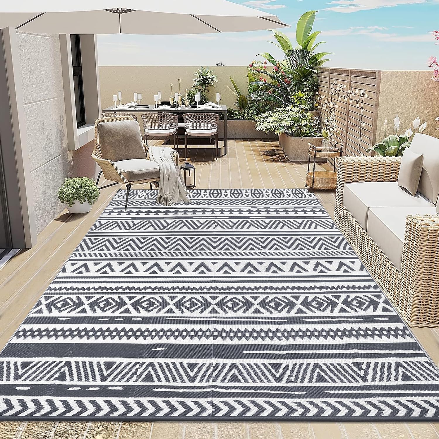 Thumbnail 6 de Enyhom Indoor Outdoor Rug Reversible (Grey, 180 x 270 cm) – Durable, UV‑Safe Polypropylene Patio Mat