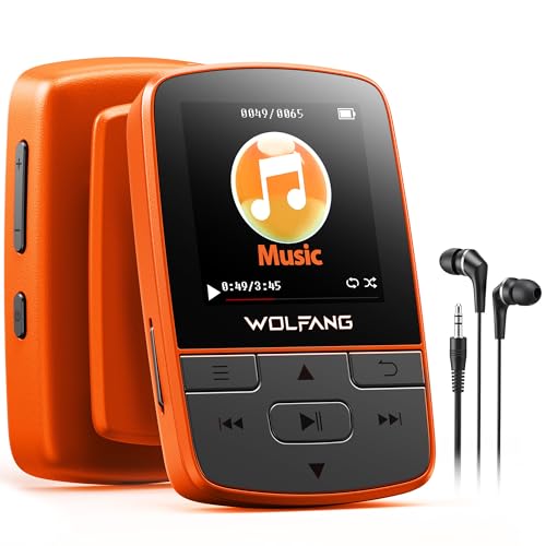 Detalle de WOLFANG Reproductor MP3 con Bluetooth 5.2, Clip Deportivo y Auriculares (Naranja)