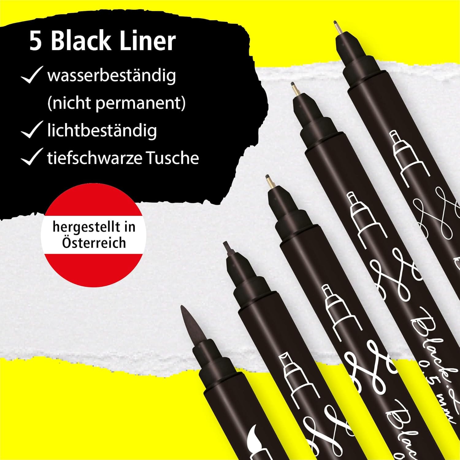 Detalle de Online 5x Fineliner Schwarz wasserbeständig Set mit Brush Pen, Fineliner- und Kalligrafie-Spitzen