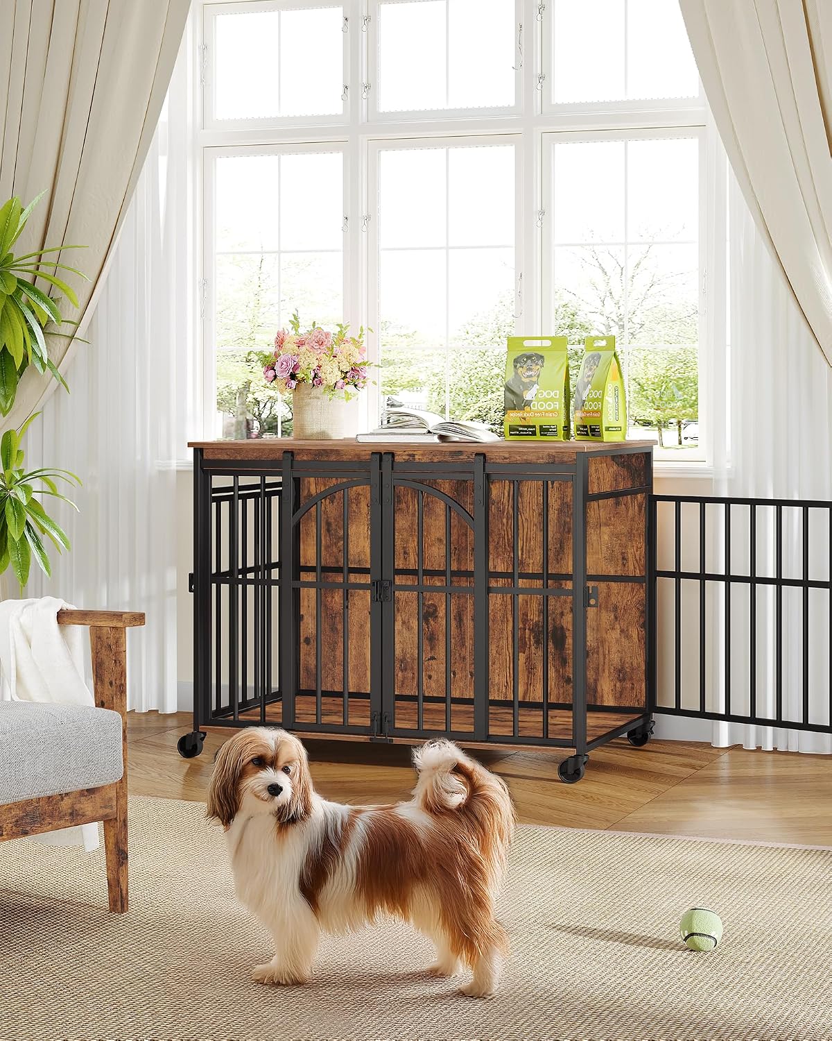 Detalle de Hzuaneri cage pour chien avec roulettes pivotantes 360° et porte coulissante, en bois (marron rustique)