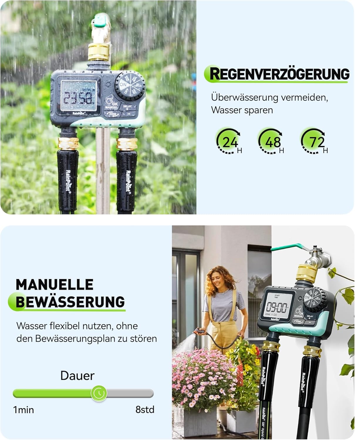 Thumbnail 3 de RAINPOINT Bewässerungscomputer „2“ mit 2 Ausgängen, Messing-Drehgelenk & Regenverzögerung