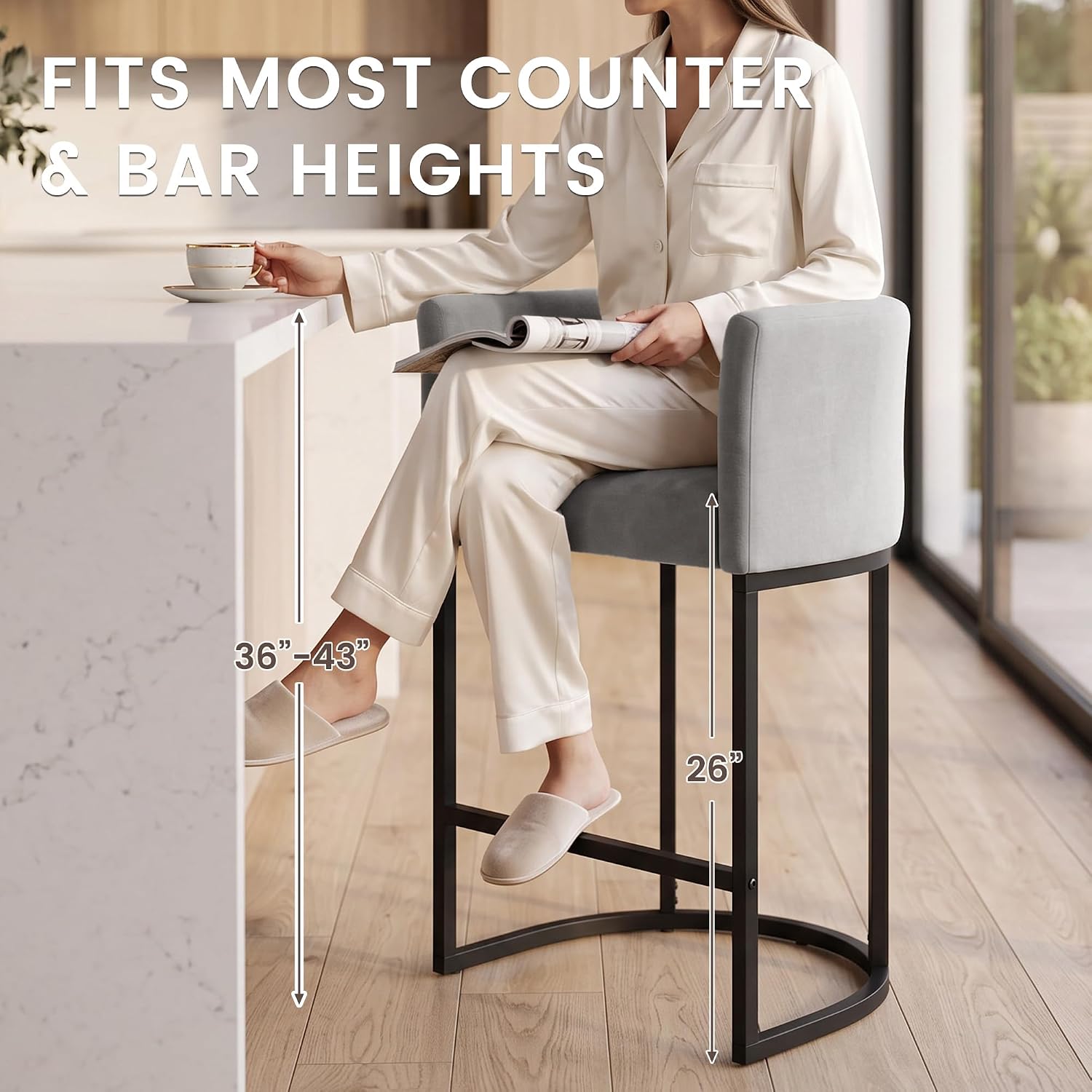 Detalle 1 de GRUSIGN BY-TEZ Chenille Counter-Height Bar Stools, Set of 4, Gray