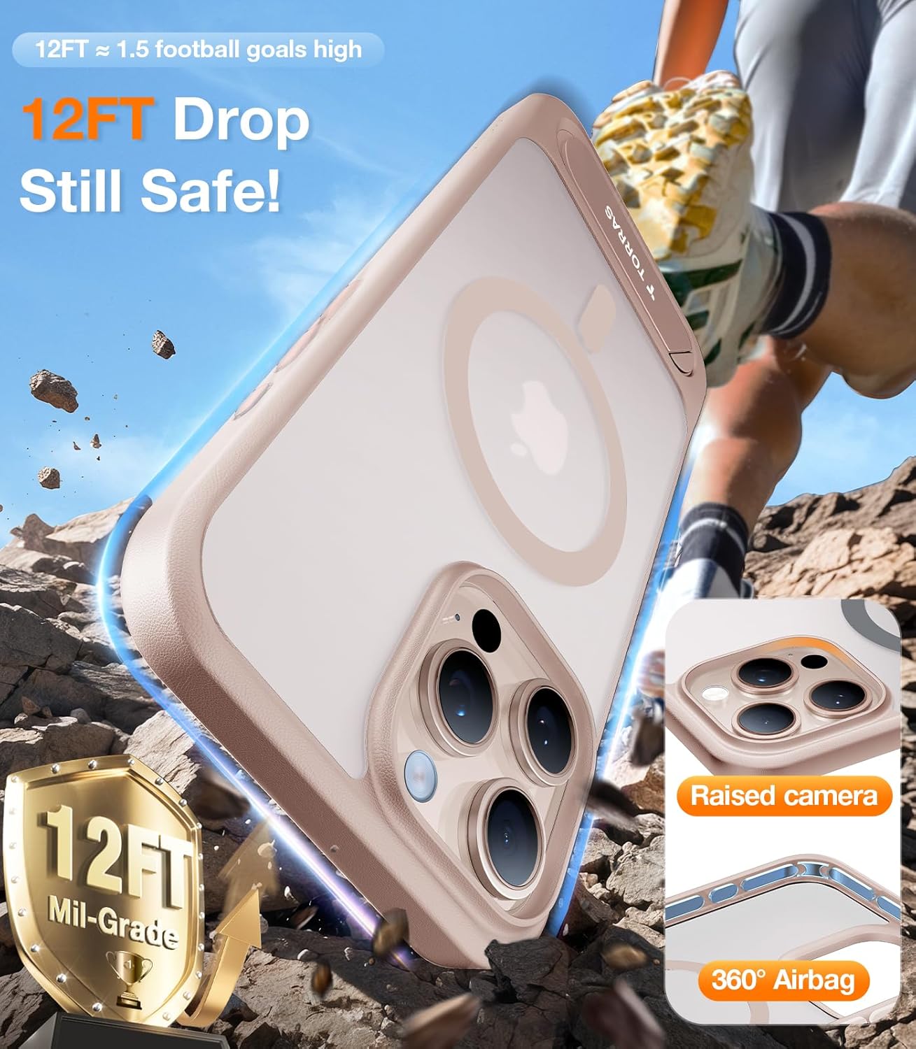 Thumbnail 1 de TORRAS for iPhone 16 Pro Max Case with titanium stand, 25W wireless charging & 19N magnetic hold (Rose Gold)