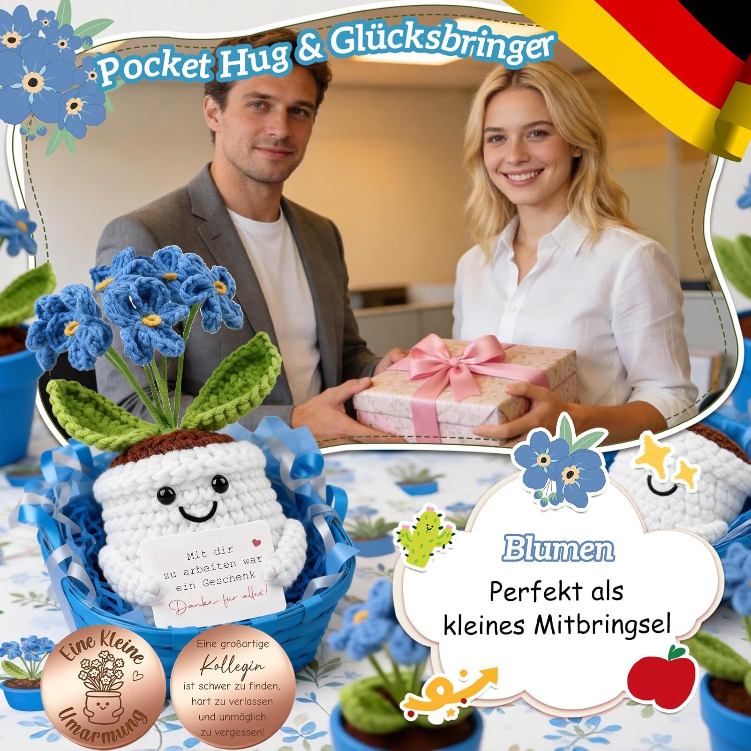 Thumbnail 2 de Giftota Abschiedsgeschenk für Kollegin: Pocket Hug Vergissmeinnicht mit Glücksmünze & Lederetui