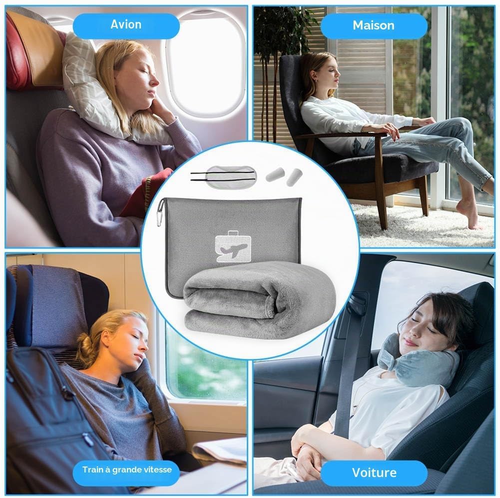 Thumbnail 6 de flintronic Couverture de Voyage Avion 2 en 1: couverture et oreiller doux et chaud avec masque, bouchons et accessoires — Gris