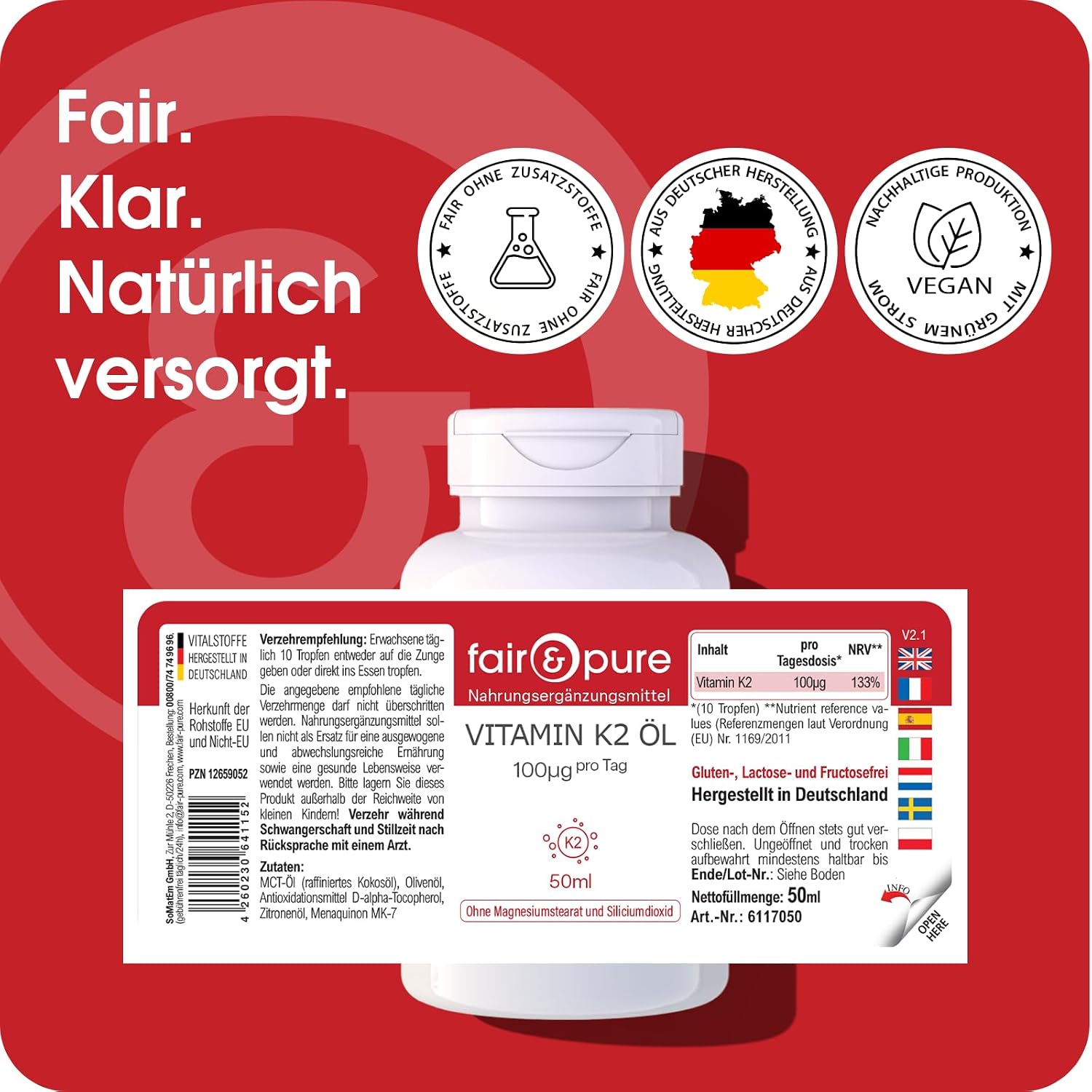 Detalle de Fair & Pure Vitamin K2 Öl 100 µg pro Tag – MK-7, 50 ml, schluckfreundlich