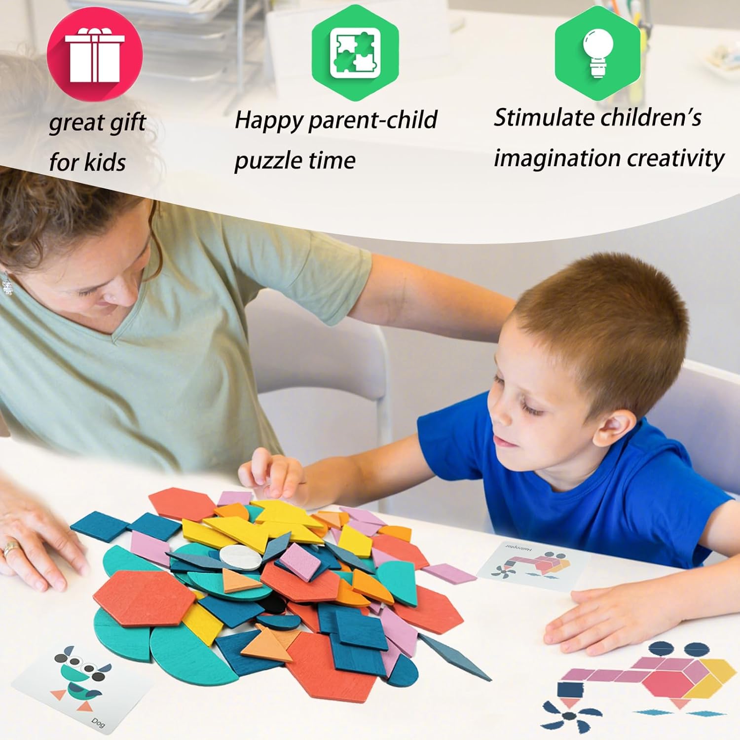 Detalle de EACHHAHA Tangram Shape Puzzle – 180 Wooden Pattern Blocks for Creative Learning (Ages 3–6)