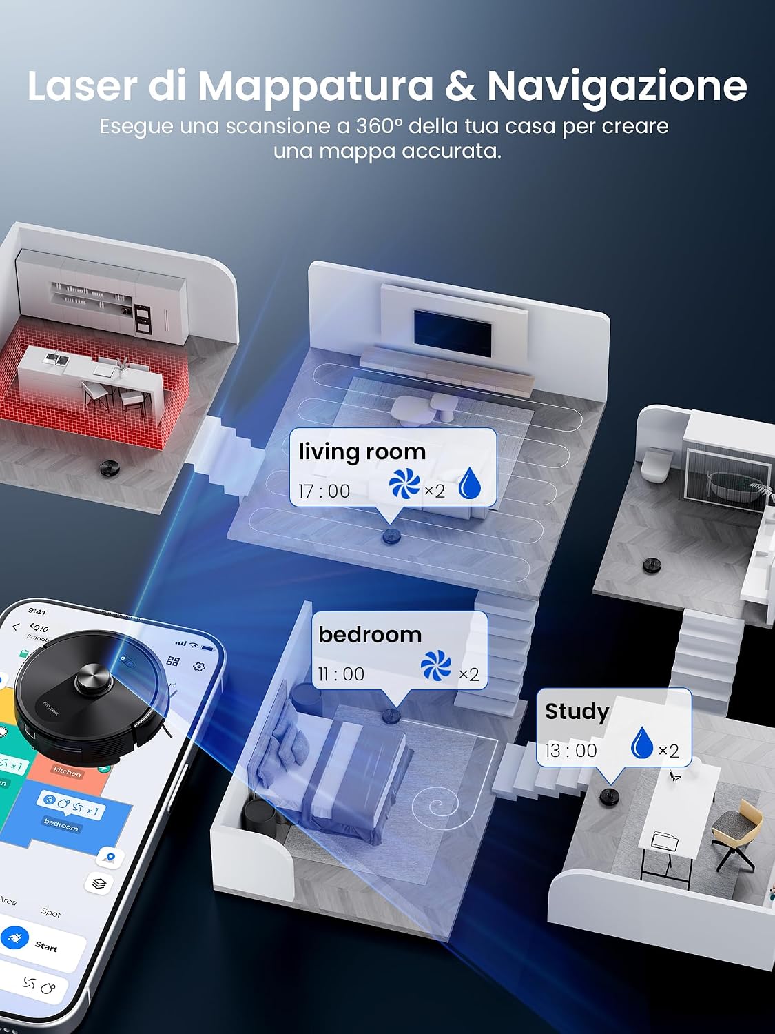 Thumbnail 2 de Proscenic Q10: Robot aspirapolvere lavapavimenti con mappatura LiDAR, 8000 Pa, controllo APP/Alexa/WiFi/Siri/IFTTT