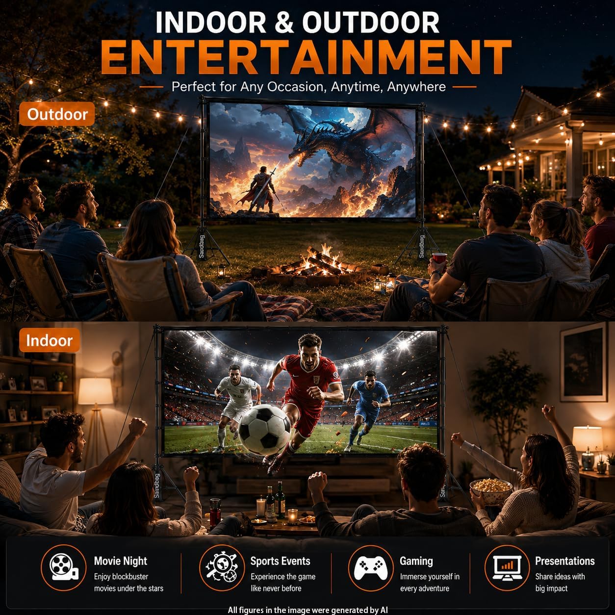 Detalle 1 de TOWOND 120-inch Outdoor Projector Screen with Stand (16:9 HD, Anti-Crease, Foldable)