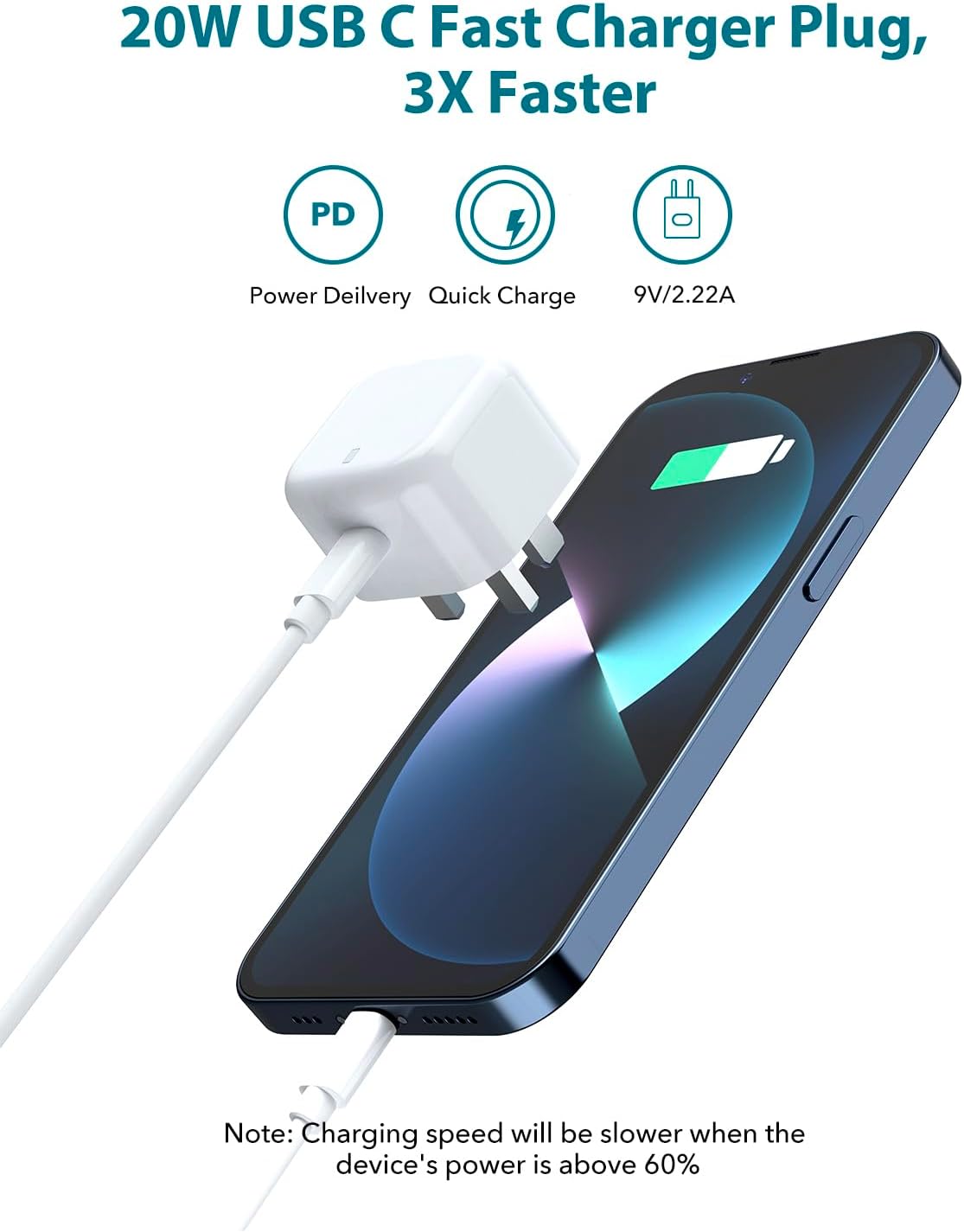 Detalle de iPhone Fast Charge 20W USB-C Plug & 2m Cable (MFi Certified) – Safe, Longer Lead for iPhone 8 to 14 Series
