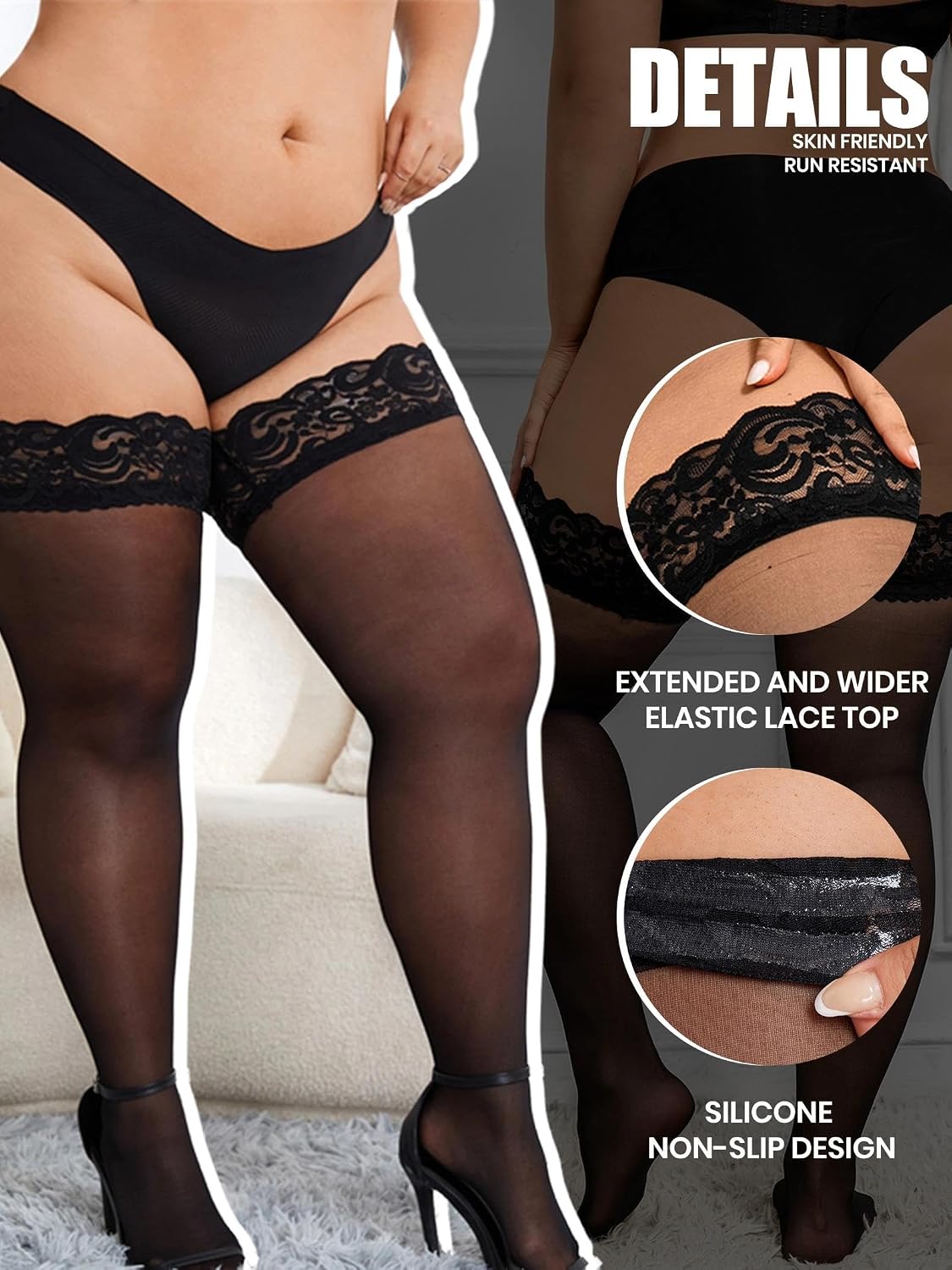Detalle 2 de Eagerlove Plus Size dameshold-ups met kanten boord, siliconen stay-up en glans