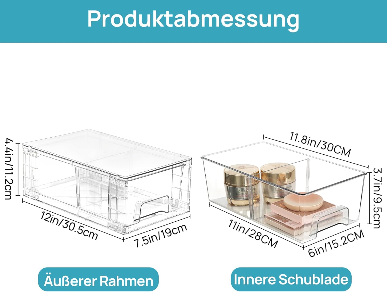 Detalle de Vtopmart 6 Stücke Transparente Schubladenboxen – Stapelbar, mit Trennwänden, ideal für Kühlschrank, Bad und Speisekammer