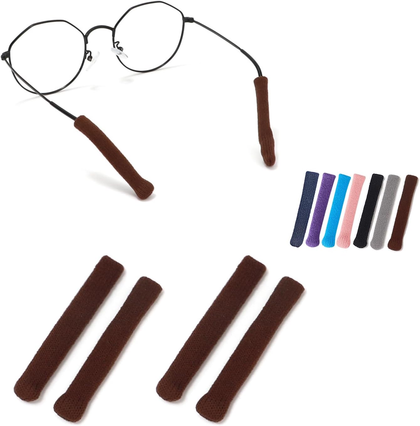 Detalle de Omnful Brown Cotton Eyeglass Temple Sleeves, Anti-Slip Ear Cushions, 2 Pairs