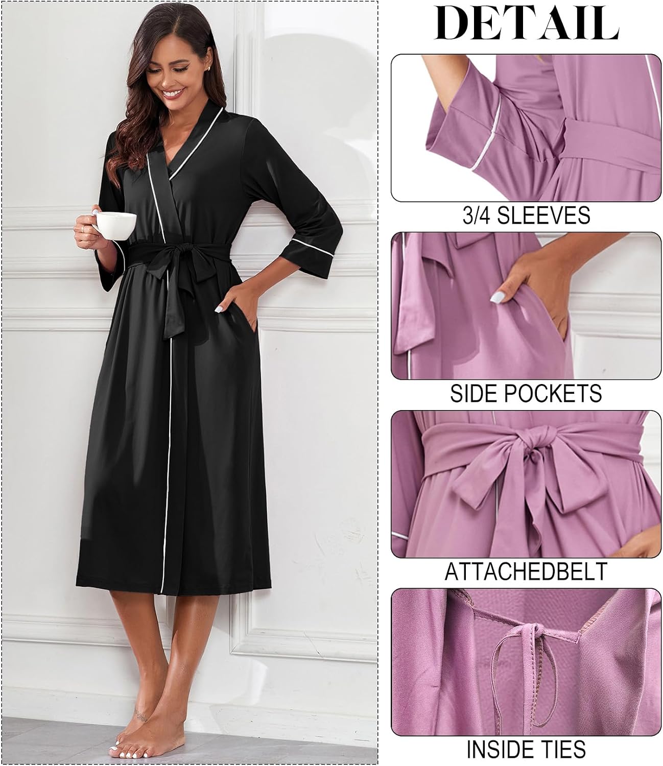 Detalle de PrinStory Womens Long Knit Bathrobe (Lightweight Soft Robes) with Pockets
