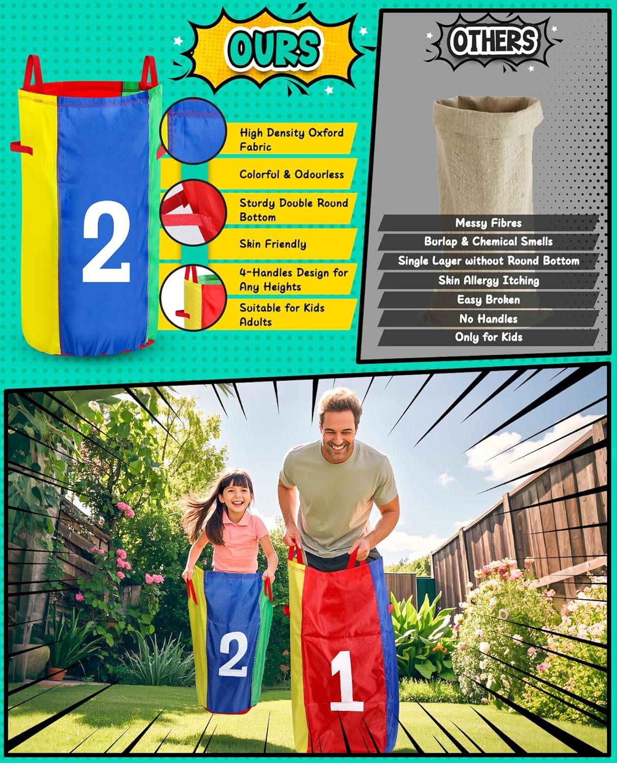 Thumbnail 4 de Eocolz Outdoor Carnival Games set for Easter, birthdays and field days – potato sack bags, 3-legged race bands, egg & spoon and catch-tail belts