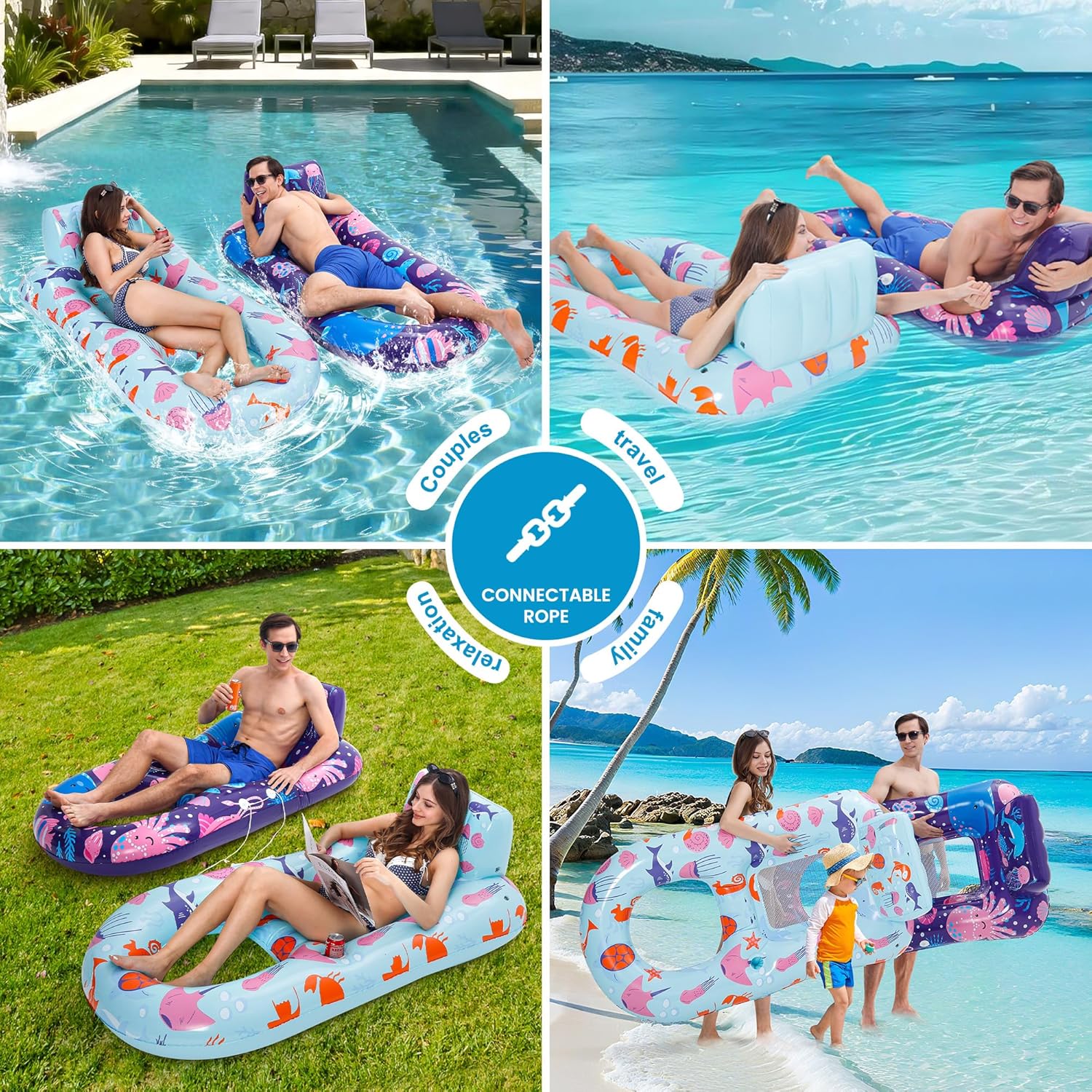 Thumbnail 6 de PuppyuWill 2 Pack Inflatable Pool Lounger Floats for Adults (Heavy-Duty with Cup Holder, Backrest & Footrest)
