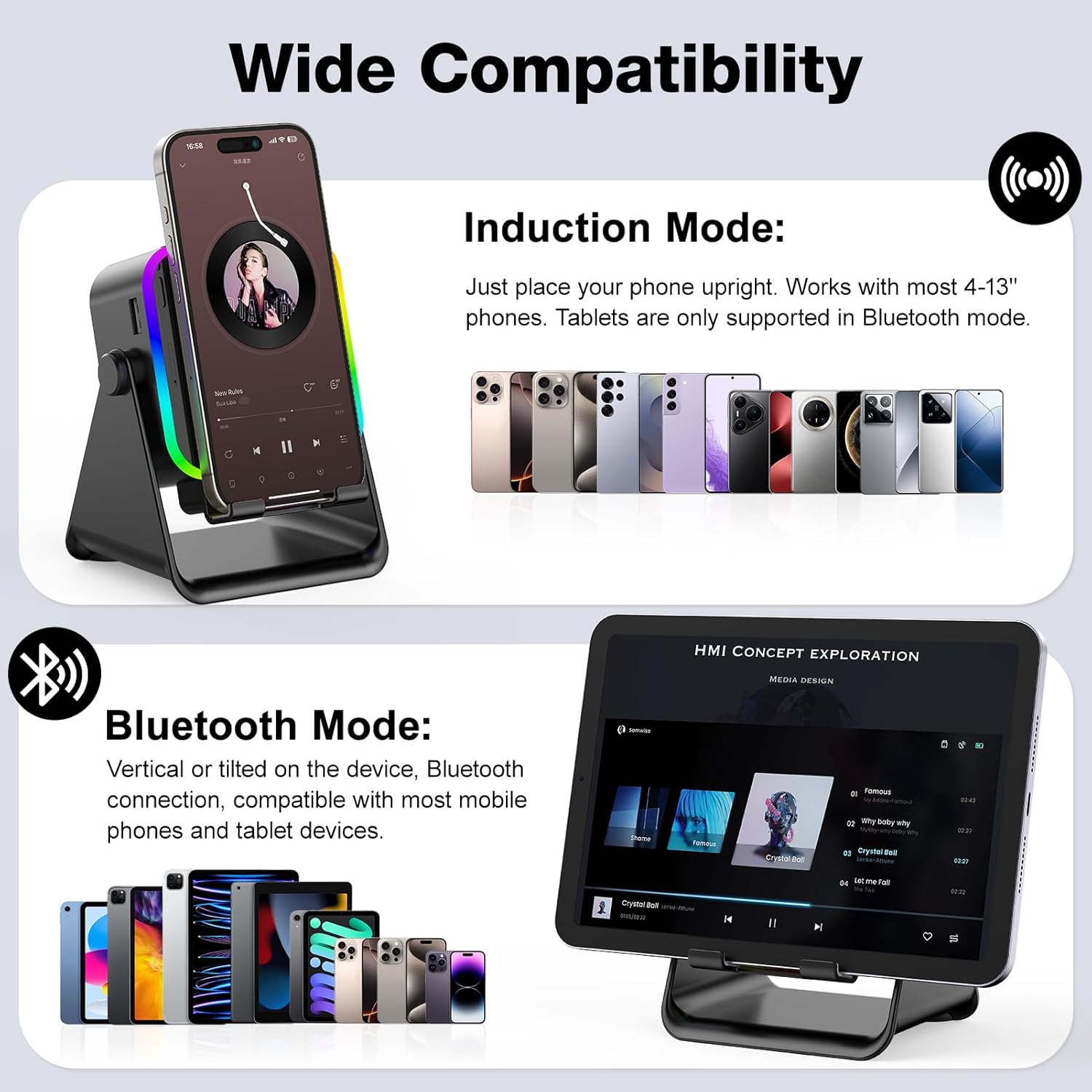 Detalle de Wireless Induction Audio Bluetooth Speaker (Square, Black) with RGB & Phone Stand