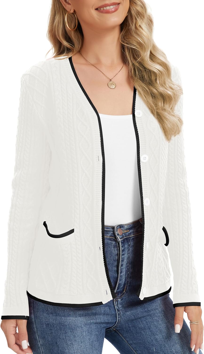 Detalle de QUEZHU Women's V-Neck Button Cardigan with Pockets