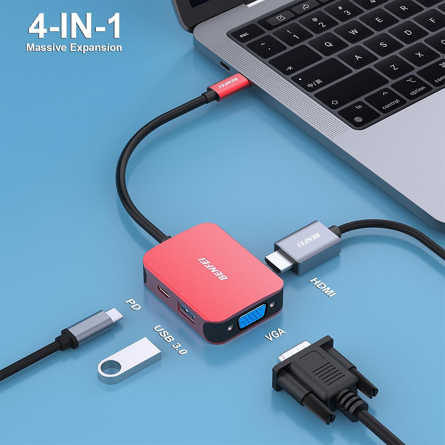 Detalle de BENFEI Hub USB-C 4in1 60 W Rosso
