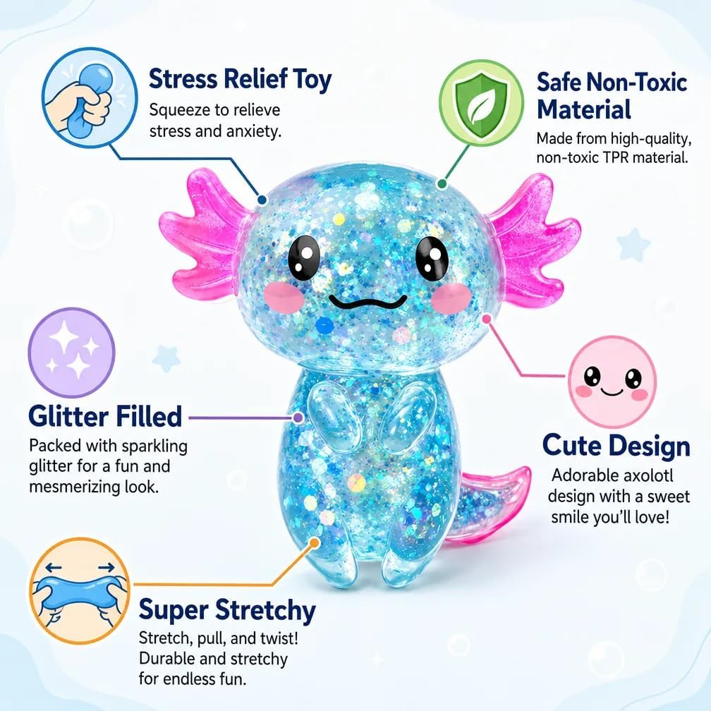Detalle 1 de HFZCZW Axolotl Fidget Toys, 2-Pack Pink and Blue Glitter TPR Squishies