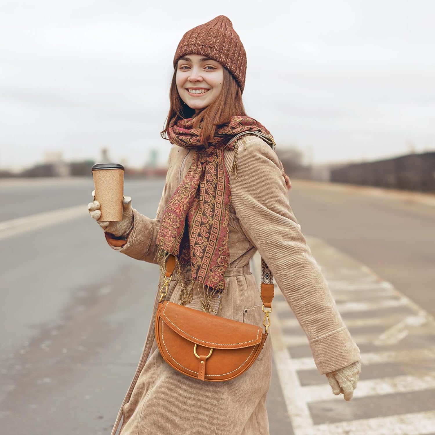 Thumbnail 1 de S-ZONE Top Grain Vegetable Tanned Leather Crossbody Bag for Women