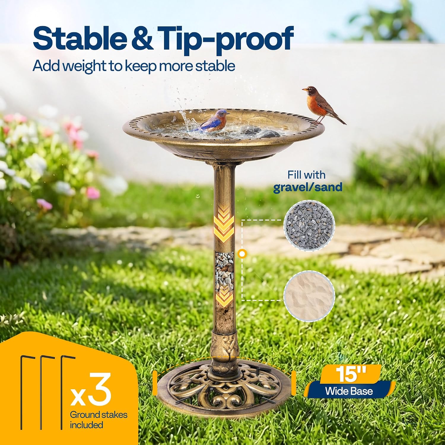 Detalle de VIVOHOME garden birdbath stand with copper-tone polyresin bowl, 71 x 50 x 50cm