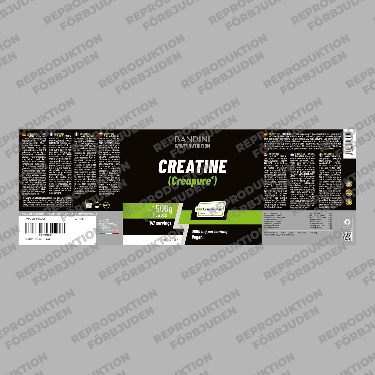 Detalle de BANDINI® CREAPURE® kreatinmonohydrat, 500 g med doseringsmått