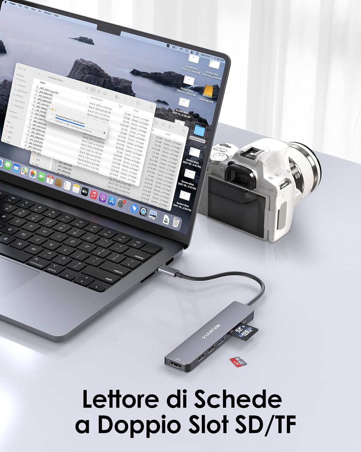 Detalle de LENTION Hub USB-C 7 in 1 con HDMI 4K@60Hz e USB-C PD 100W, lettore SD/TF (alluminio)