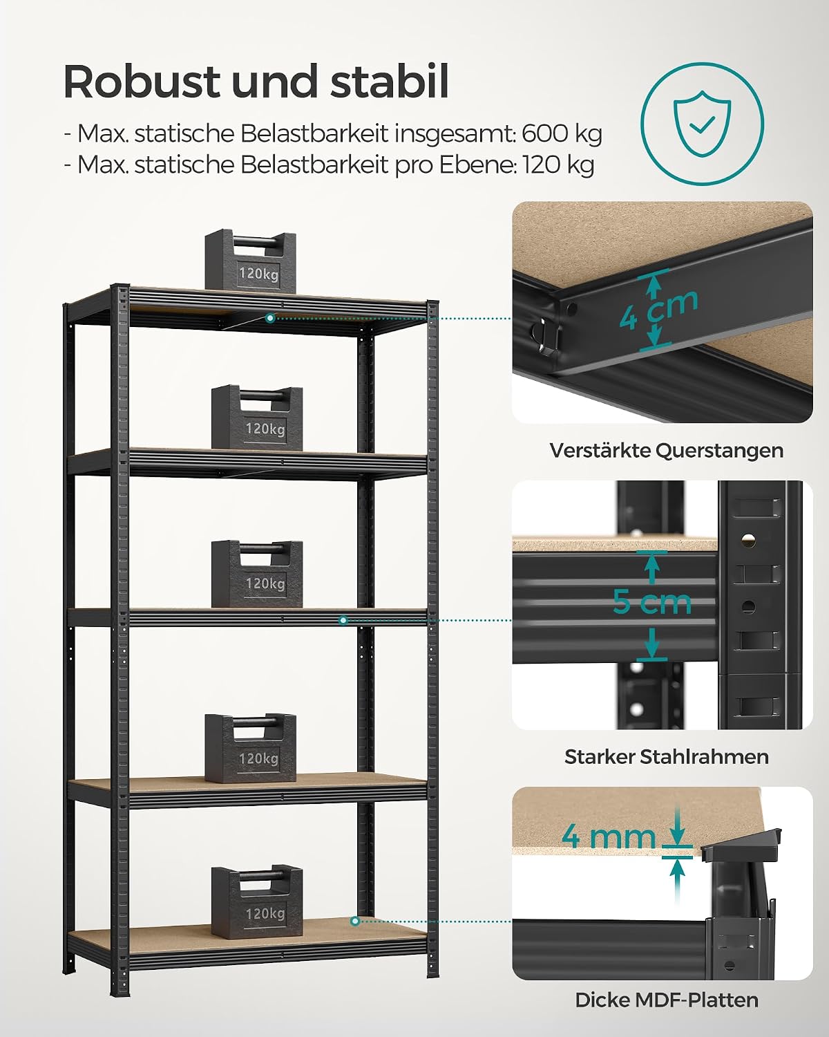 Detalle de SONGMICS Regal mit 5 Ebenen GLR050B01 (50 x 100 x 200 cm) – Stahlregal im Industriestil, verstellbare Bretter