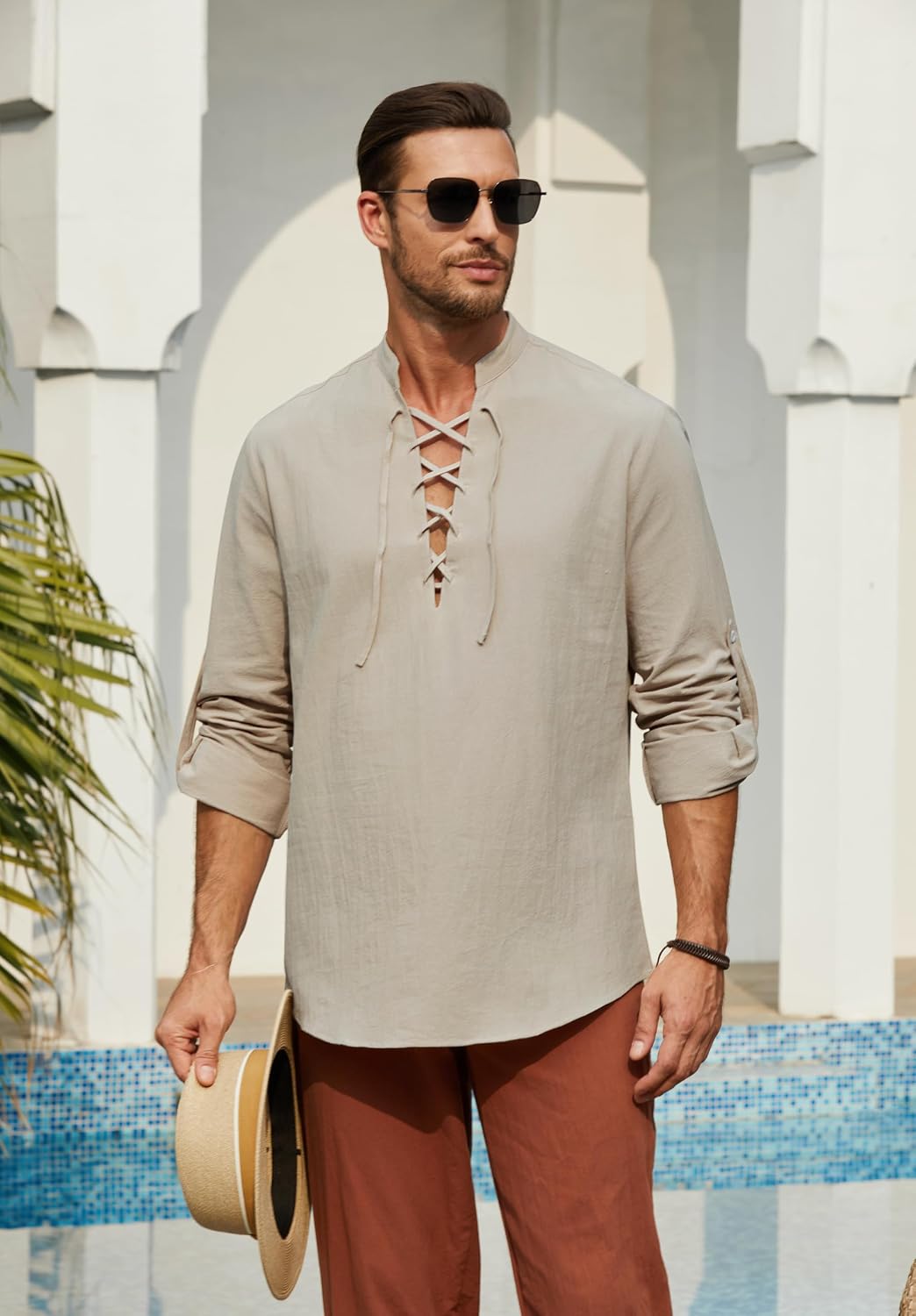Detalle 2 de Enlision Men's Linen Shirt Classic Lace Up Long Sleeve – Vintage Medieval Inspired
