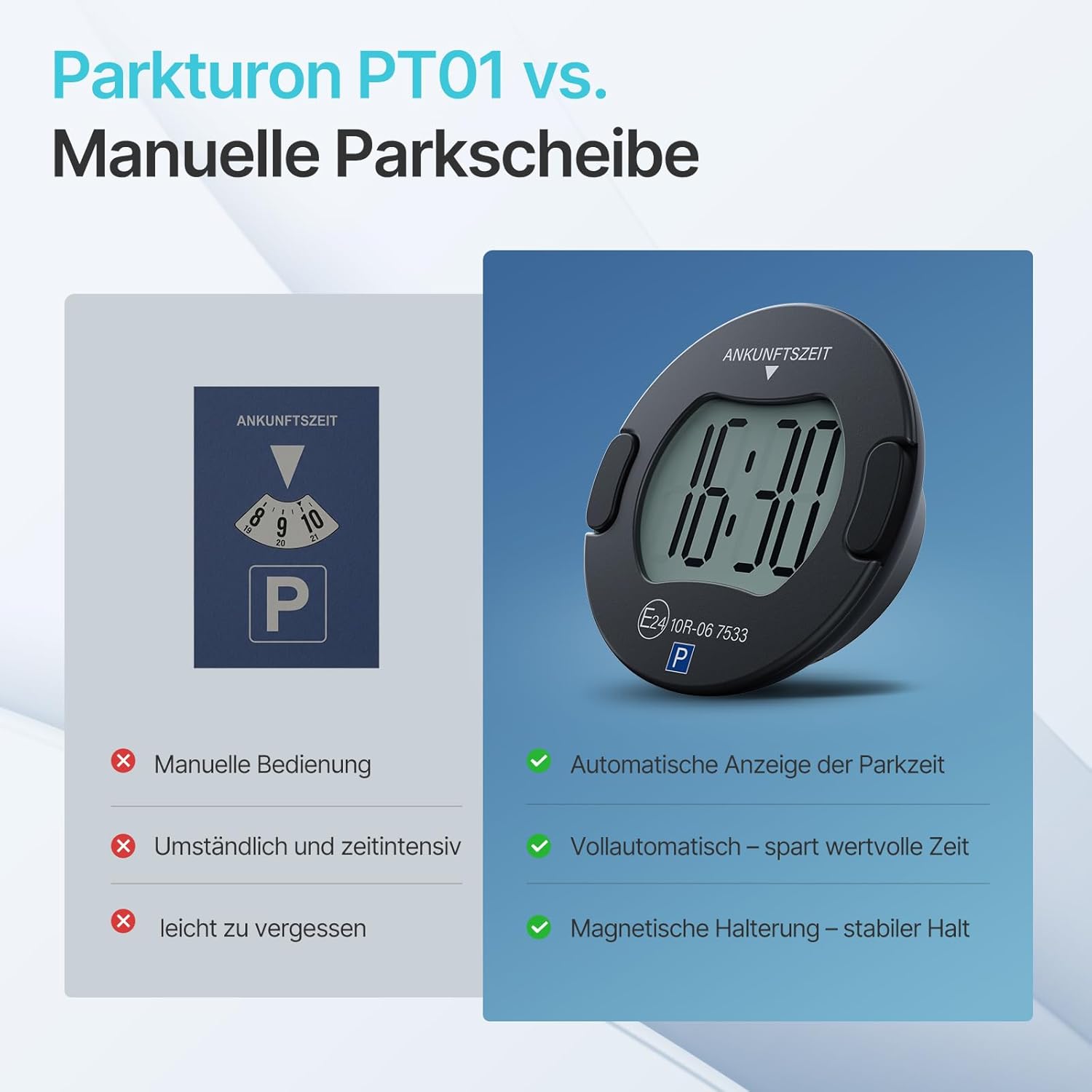 Thumbnail 5 de Parkturon Elektronische Parkscheibe PT01 mit Zulassung – automatische Parkuhr mit 2 Displays und Nachtparkmodus (Schwarz)