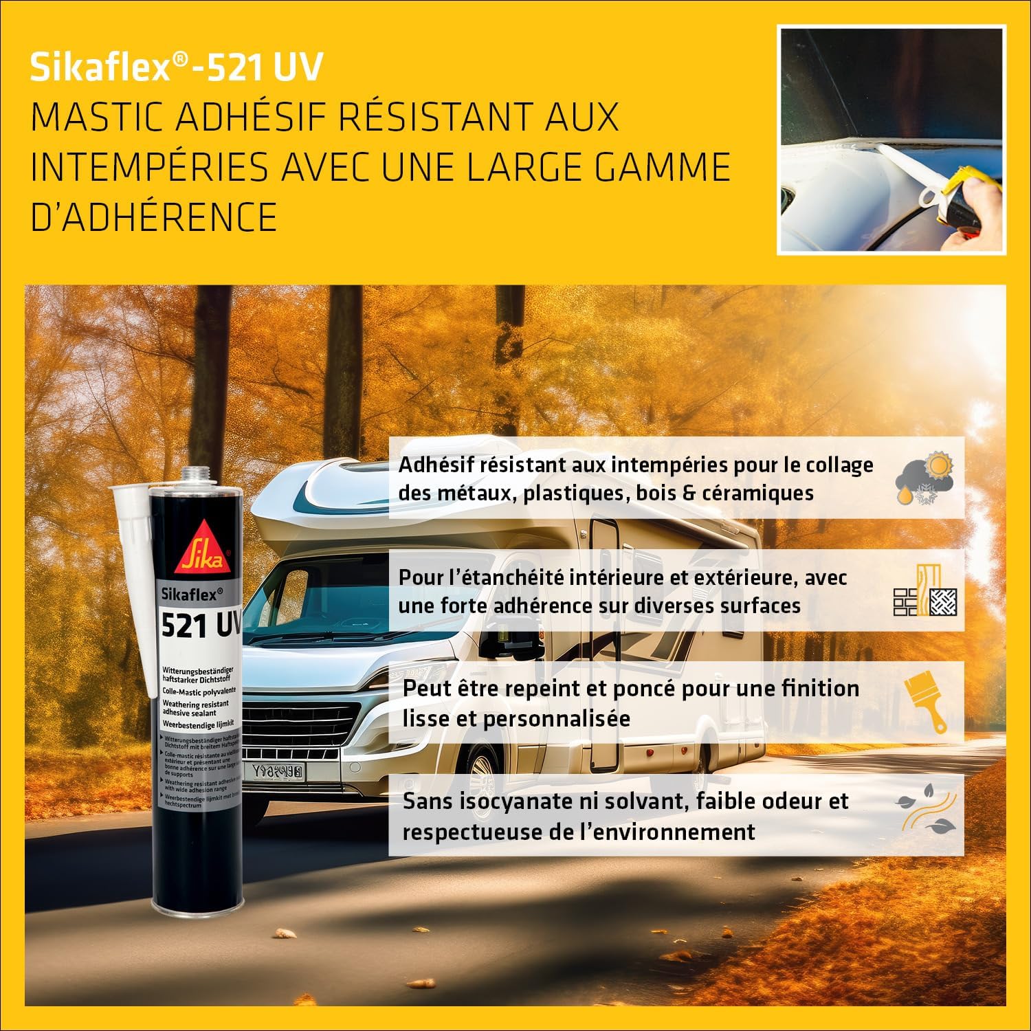 Detalle de SIKA Sikaflex 521 UV Blanc – Mastic-colle 300 ml, 2 en 1, sans solvant ni PVC