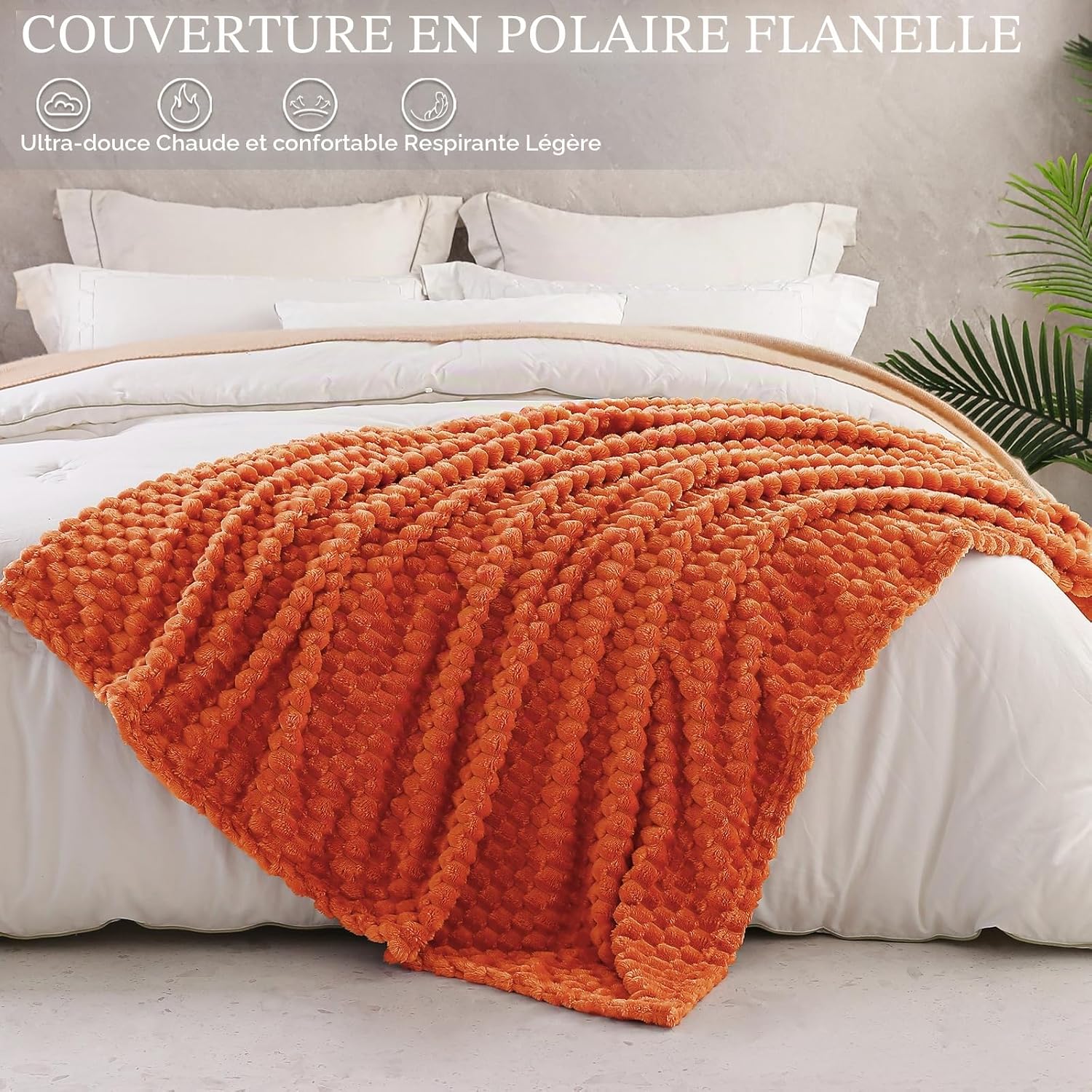 Thumbnail 2 de Exclusivo Plaid Couverture Plaide Polaire 130 x 170 cm – Orange brûlé, douceur et polyvalence pour canapé et lit