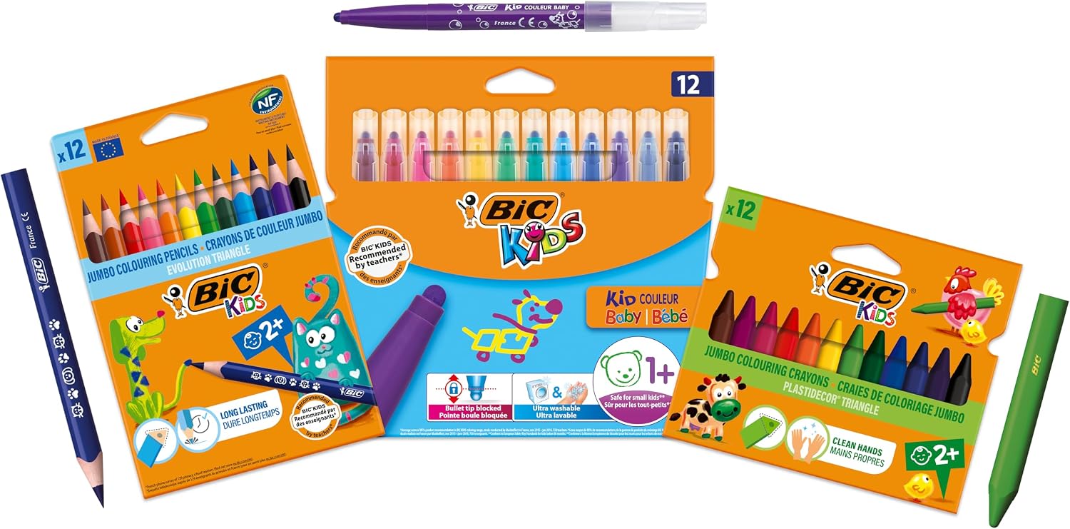 Detalle de BIC Kids Set Colori per Bambini - 36 pezzi: 12 matite colorate, 12 pennarelli lavabili e 12 pastelli a cera
