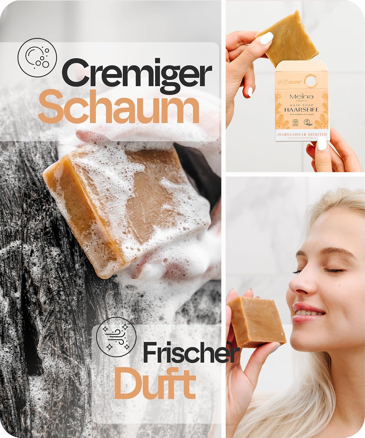 Detalle de Meina Ayurveda Bio Haarseife gegen Haarausfall – Naturkosmetik, vegan & plastikfrei (80 g)